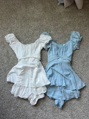 Altar'd State White and Light Blue Ruffled Mini Romper Duo